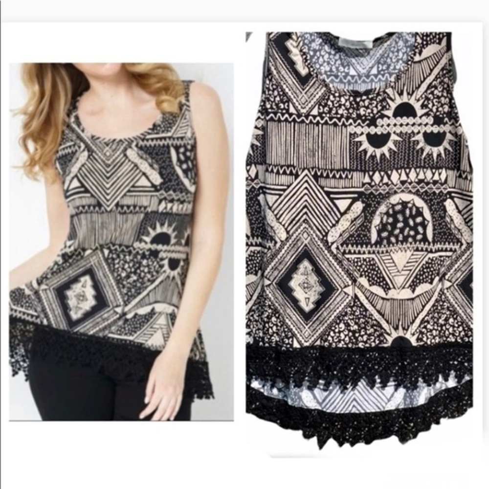 NWOT Boho Aztec Tribal Sleeveless Top in black, XL